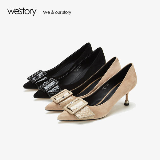 westory2019夏秋新品方扣尖头高跟鞋女蛇纹真皮优雅W29CE70241 商品图0