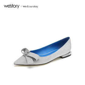 westory2019春夏蝴蝶结尖头单鞋优雅宴会中跟舒适女鞋W29AE50221