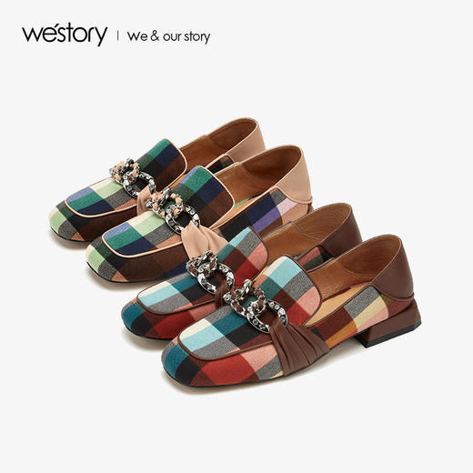 westory2019新款格子乐福鞋女一脚蹬浅口舒适复古单鞋W29AM50501 商品图0