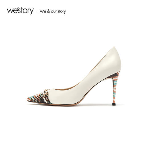 westory2019新款彩色蛇皮拼接尖头高跟鞋女细跟时尚W29AE50541 商品图2