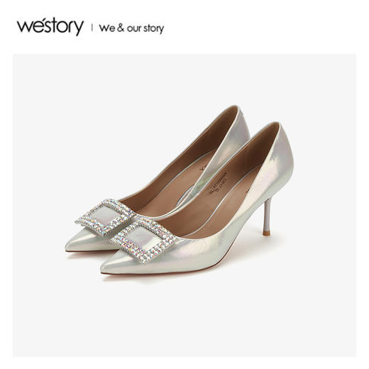 westory2020春季新品婚嫁水钻中式方扣尖头高跟鞋女W20AE51281 商品图4