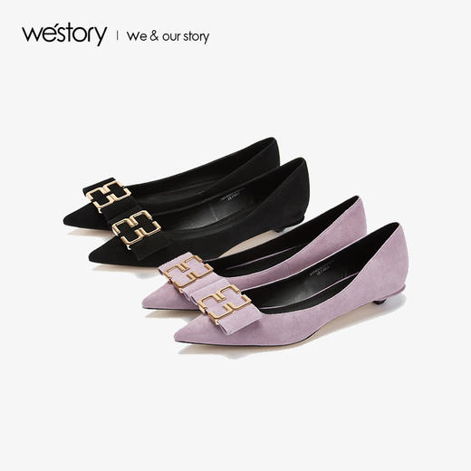 westory2019新款舒适平底单鞋女方形扣尖头优雅时尚W29AE50681 商品图3