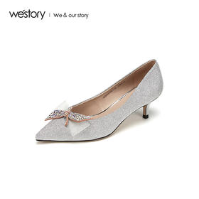 westory2019春季新款浅口尖头单鞋高跟水晶蝴蝶结唯美W29AE50811