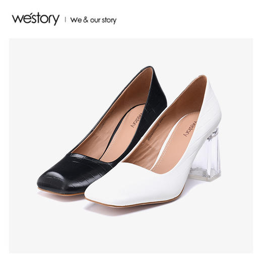 westory2020春季新款方头浅口编织纹牛皮方跟鞋女W20AE51131 商品图2