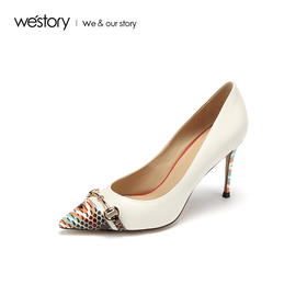 westory2019新款彩色蛇皮拼接尖头高跟鞋女细跟时尚W29AE50541