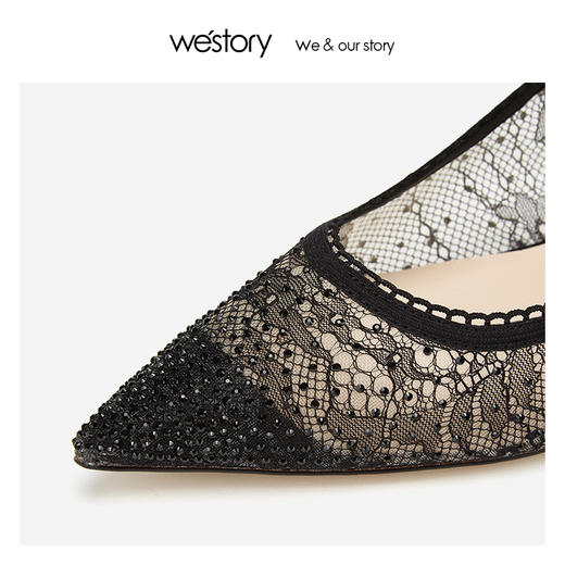 westory2019春夏新款优雅蕾丝尖头高跟鞋女细跟黑色W29AE50421 商品图4