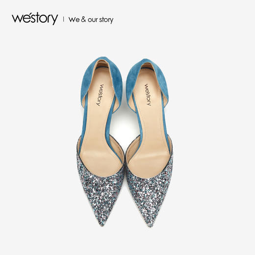 westory2019春夏水晶尖头高跟鞋女细跟拼色名媛风婚鞋W29AH50072 商品图3