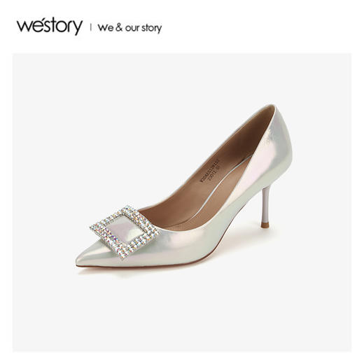 westory2020春季新品婚嫁水钻中式方扣尖头高跟鞋女W20AE51281 商品图1