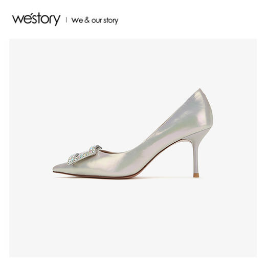 westory2020春季新品婚嫁水钻中式方扣尖头高跟鞋女W20AE51281 商品图3