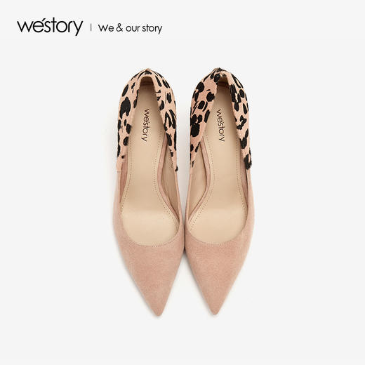 westory2019春夏尖头高跟鞋女豹纹拼色气质细跟单鞋W29AE50131 商品图2
