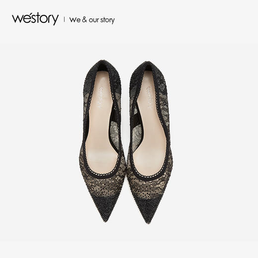 westory2019春夏新款优雅蕾丝尖头高跟鞋女细跟黑色W29AE50421 商品图2