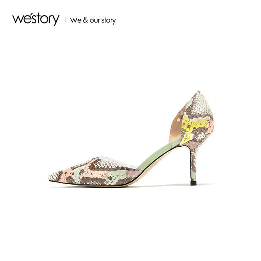 westory2019新款蛇皮纹透明拼接尖头高跟鞋女优雅气质W29AH50241 商品图2