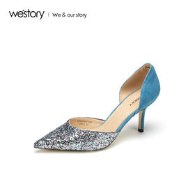 westory2019春夏水晶尖头高跟鞋女细跟拼色名媛风婚鞋W29AH50072