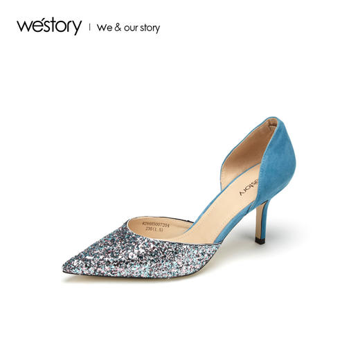 westory2019春夏水晶尖头高跟鞋女细跟拼色名媛风婚鞋W29AH50072 商品图0