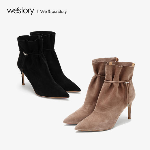 westory2019秋冬新皮尖头绒面抽绳复古细跟靴女短靴W29DS80061 商品图3