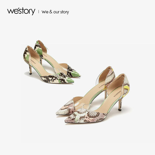 westory2019新款蛇皮纹透明拼接尖头高跟鞋女优雅气质W29AH50241 商品图3