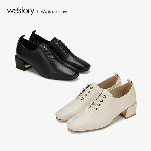 westory2019秋季新品方头复古优雅中高粗跟皮鞋女优雅W29CM70081 商品图0