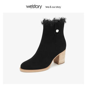 westory加绒保暖时装短靴 羊皮绒里木纹粗跟2019冬新品W29DS80321