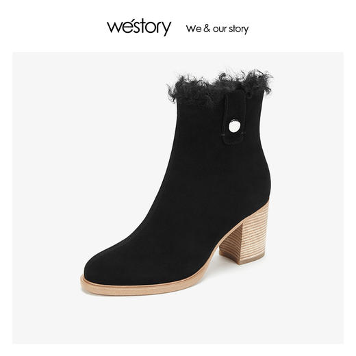 westory加绒保暖时装短靴 羊皮绒里木纹粗跟2019冬新品W29DS80321 商品图0