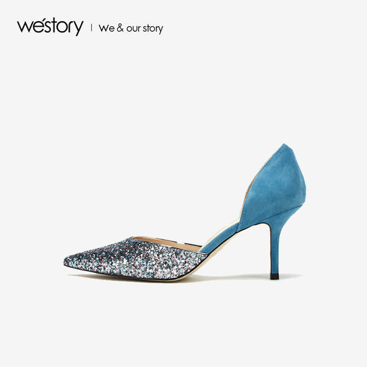westory2019春夏水晶尖头高跟鞋女细跟拼色名媛风婚鞋W29AH50072 商品图2