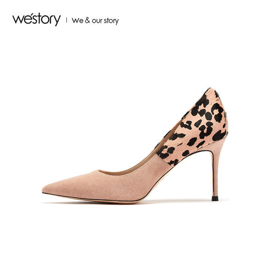 westory2019春夏尖头高跟鞋女豹纹拼色气质细跟单鞋W29AE50131 商品图1
