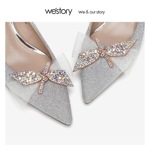 westory2019春季新款浅口尖头单鞋高跟水晶蝴蝶结唯美W29AE50811 商品图3