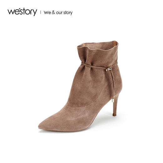 westory2019秋冬新皮尖头绒面抽绳复古细跟靴女短靴W29DS80061 商品图0