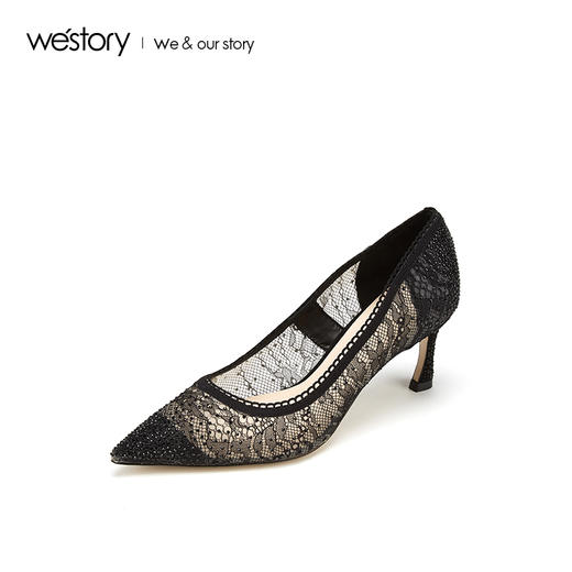 westory2019春夏新款优雅蕾丝尖头高跟鞋女细跟黑色W29AE50421 商品图0