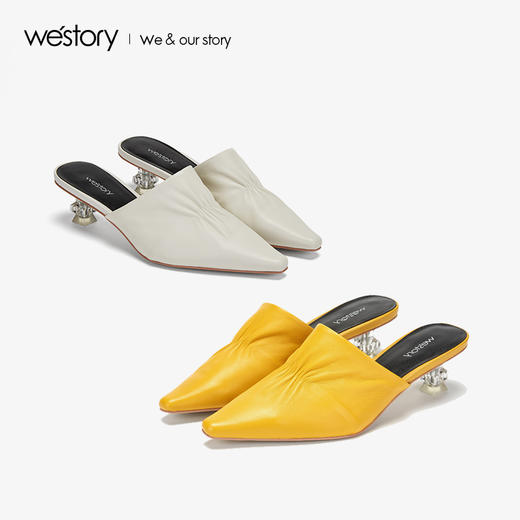 westory2019春夏新款包头穆勒鞋女水晶粗跟褶皱甜美W29AH50901 商品图0