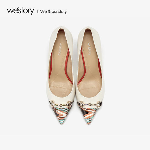 westory2019新款彩色蛇皮拼接尖头高跟鞋女细跟时尚W29AE50541 商品图1