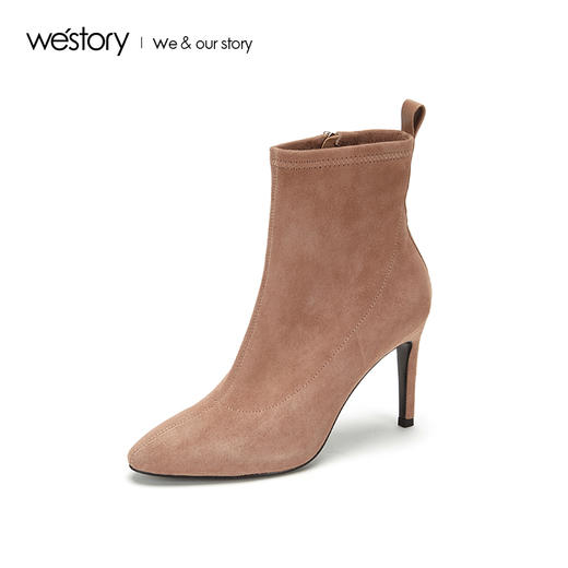 westory2018年秋季新款绒面短靴高跟尖头女鞋瘦瘦冬靴W284S80161 商品图0