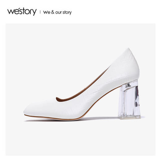 westory2020春季新款方头浅口编织纹牛皮方跟鞋女W20AE51131 商品图1