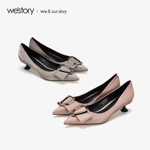westory2019秋季新品简约几何扣尖头猫跟鞋优雅通勤W29CE70471 商品图3