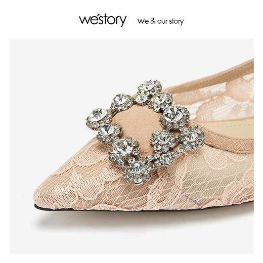 westory2019春夏镂空浅口西式婚鞋水钻方形扣平底女鞋W29AE50201 商品图3