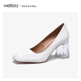 westory2020春季新款方头浅口编织纹牛皮方跟鞋女W20AE51131