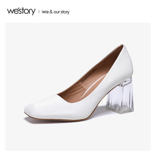 westory2020春季新款方头浅口编织纹牛皮方跟鞋女W20AE51131 商品图0