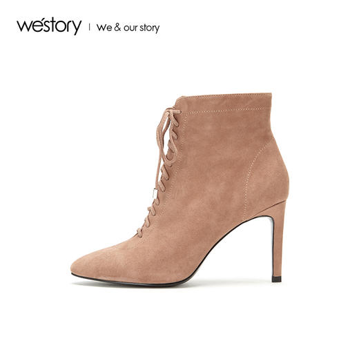westory2018年秋冬新款绒面系带短靴高跟鞋尖头细跟女W284S80171 商品图1