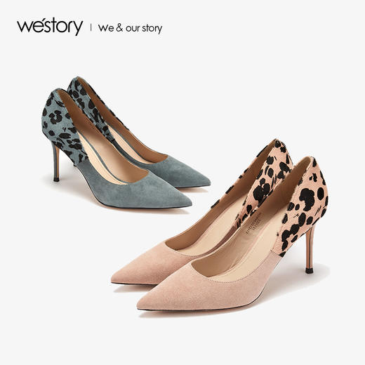 westory2019春夏尖头高跟鞋女豹纹拼色气质细跟单鞋W29AE50131 商品图3