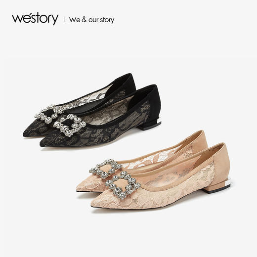 westory2019春夏镂空浅口西式婚鞋水钻方形扣平底女鞋W29AE50201 商品图0