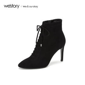 westory2018年秋冬新款绒面系带短靴高跟鞋尖头细跟女W284S80171