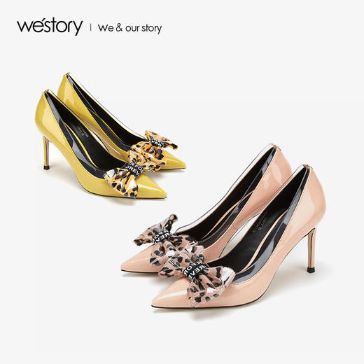 westory2019新款尖头高跟鞋女细跟透明豹纹蝴蝶结女鞋W29AE50261 商品图3
