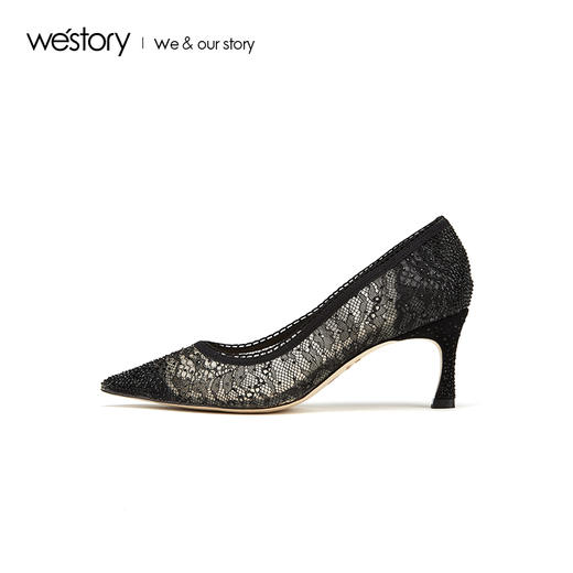 westory2019春夏新款优雅蕾丝尖头高跟鞋女细跟黑色W29AE50421 商品图3