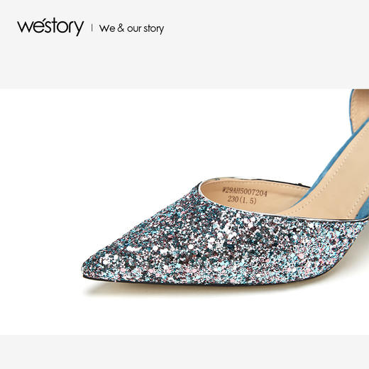 westory2019春夏水晶尖头高跟鞋女细跟拼色名媛风婚鞋W29AH50072 商品图1