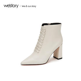 westory2018年秋季新款靴子软皮面粗跟尖头短筒靴子女W284S80561