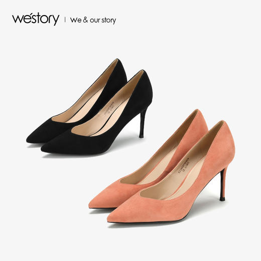 westory浅口单鞋女细高跟鞋纯色尖头社交宴会结婚女鞋W283E70341 商品图3