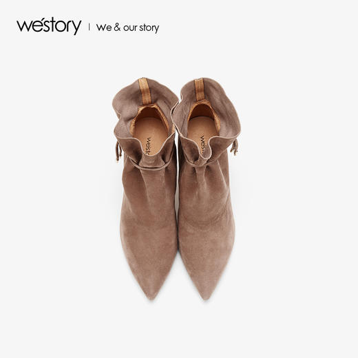 westory2019秋冬新皮尖头绒面抽绳复古细跟靴女短靴W29DS80061 商品图1