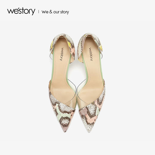 westory2019新款蛇皮纹透明拼接尖头高跟鞋女优雅气质W29AH50241 商品图1