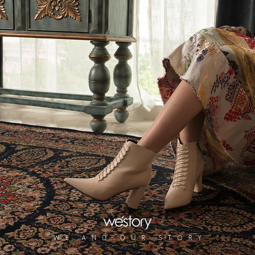 westory2018年秋季新款靴子软皮面粗跟尖头短筒靴子女W284S80561 商品图3