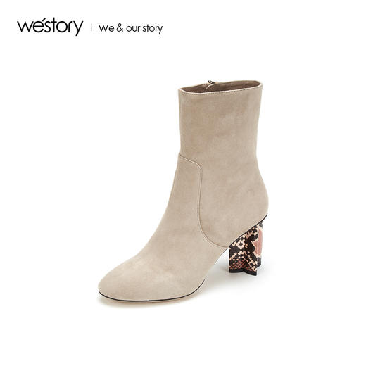 westory2019秋冬新品时尚蛇纹绒面圆头高跟靴女优雅W29DS80161 商品图0