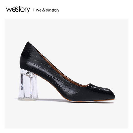 westory2020春季新款方头浅口编织纹牛皮方跟鞋女W20AE51131 商品图3